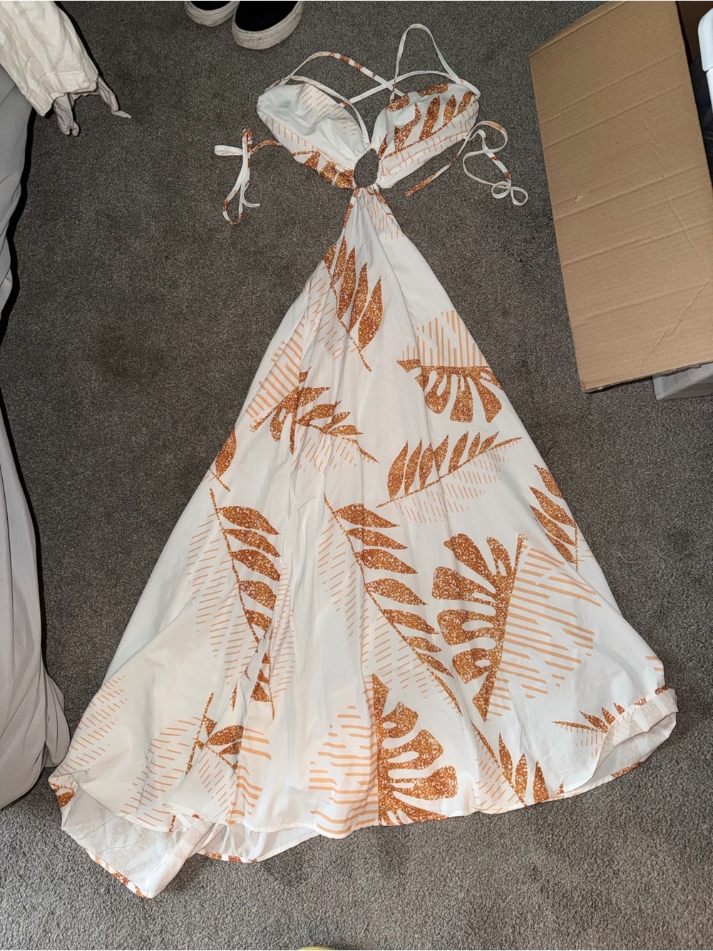 SHEIN White Maxi Dress with Rust Leaf Print